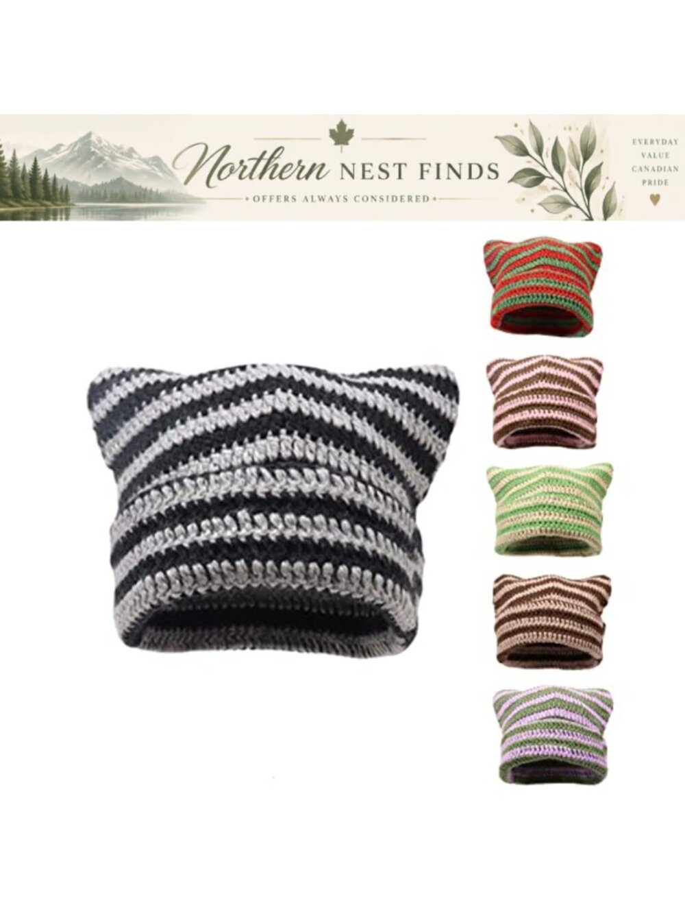 Cat Ear Beanie Striped Crochet Knit Hat